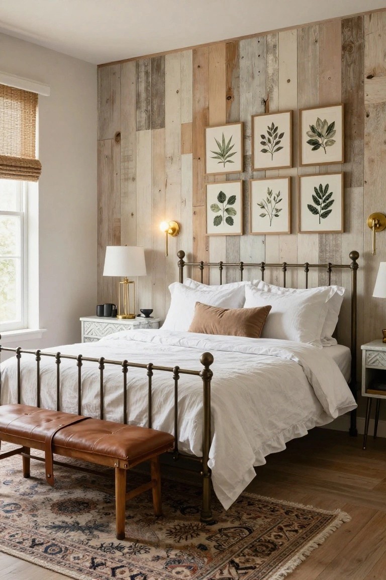 A bedroom with a light-toned weathered wood plank accent wall behind an antique-style brass-knobbed iron bed dressed in white linens and a rust throw pillow, flanked by marble-top nightstands with brass lamps and black mugs, six framed green botanical prints on the wall, a wicker shade window, gold sconce, leather bench at bed foot, and patterned rug on wood floor.