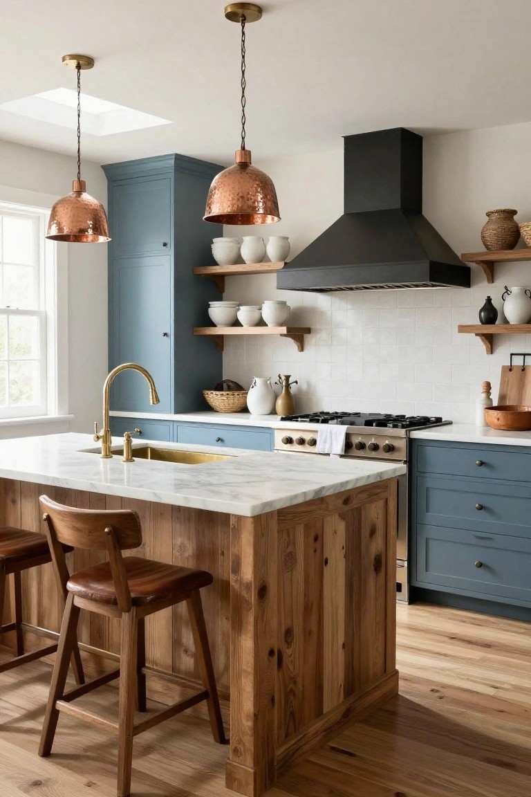 Kitchen with navy cabinets, white marble island topped counters, wood-paneled island base, two wooden stools with leather seats, copper pendant lights, gold faucet, black range hood, and open shelves with white pottery.