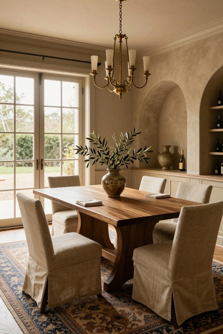 Dining room featuring a large rectangular wooden trestle table with beige slipcovered chairs, brass chandelier overhead, olive branch centerpiece, arched wall niche displaying pottery and wine bottles, and French doors to outdoor greenery.