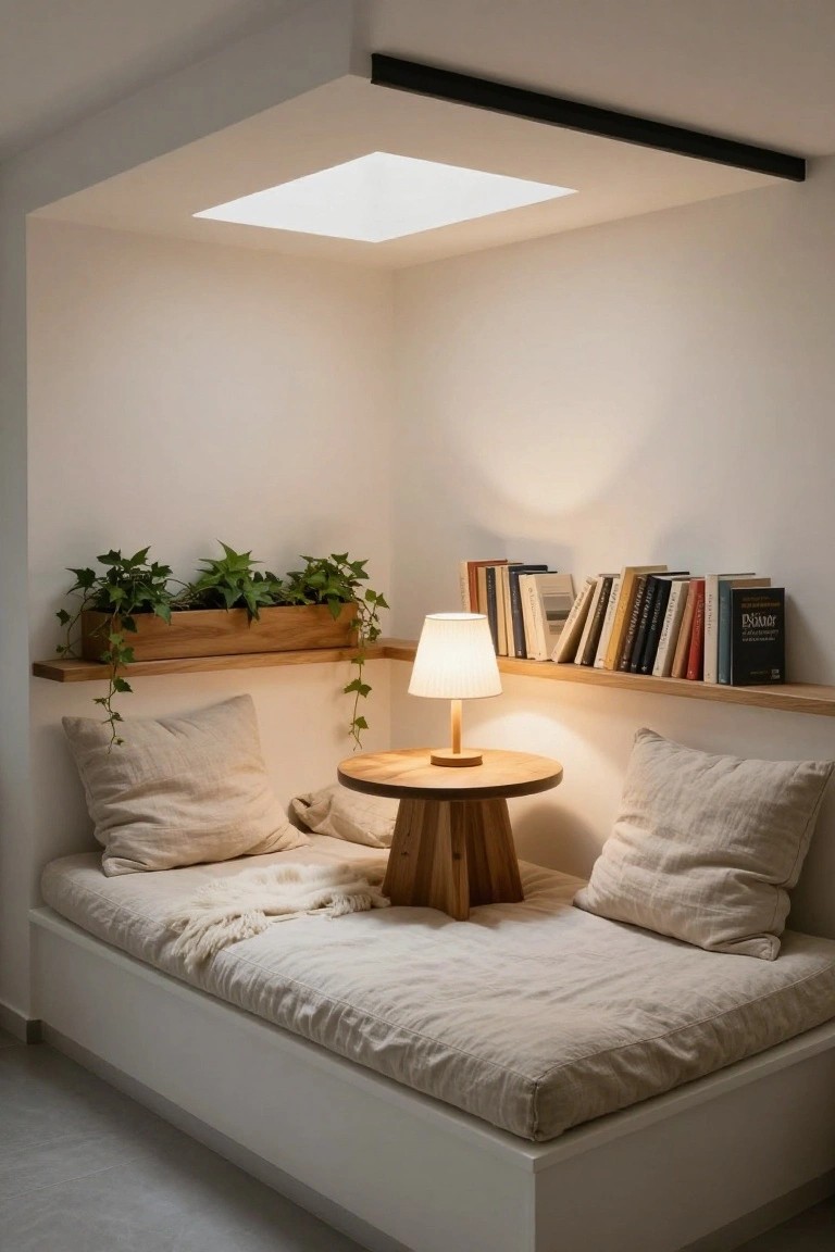 White corner nook with low built-in platform bed in beige linen, pillows and throw, small wooden table and lamp, oak shelf with books and potted plants, skylight overhead.