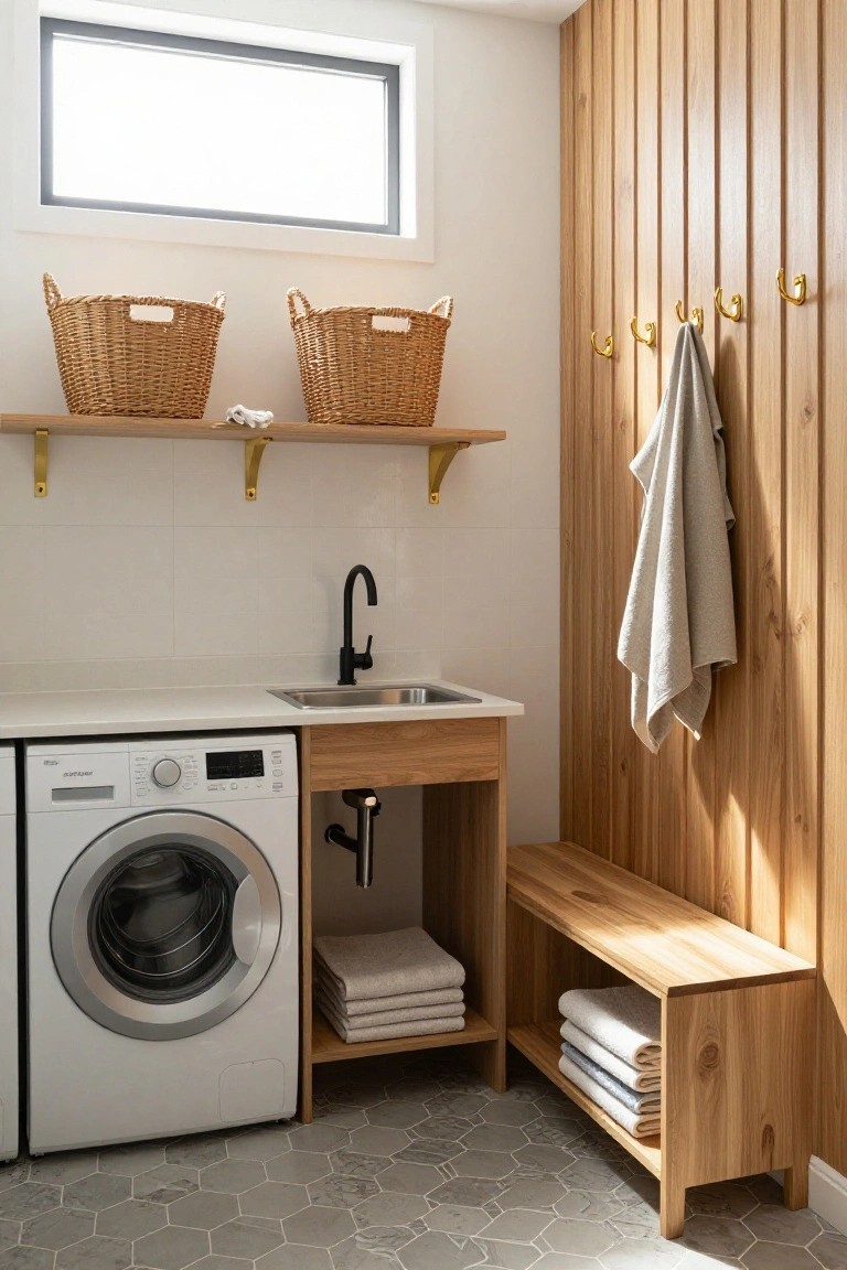 Modern laundry room interior with vertical light wood panel wall, white front-load washer integrated into wooden cabinet base with sink above, wicker baskets on wooden shelves, towels on brass hooks and bench, black faucet, and gray hexagonal floor tiles.