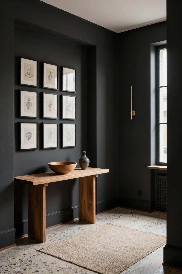 Dark-painted interior corner with low wooden console table holding wooden bowl and ceramic vase, grid of nine black-framed botanical line drawings on wall, gold wall sconce beside window, beige rug on terrazzo floor.