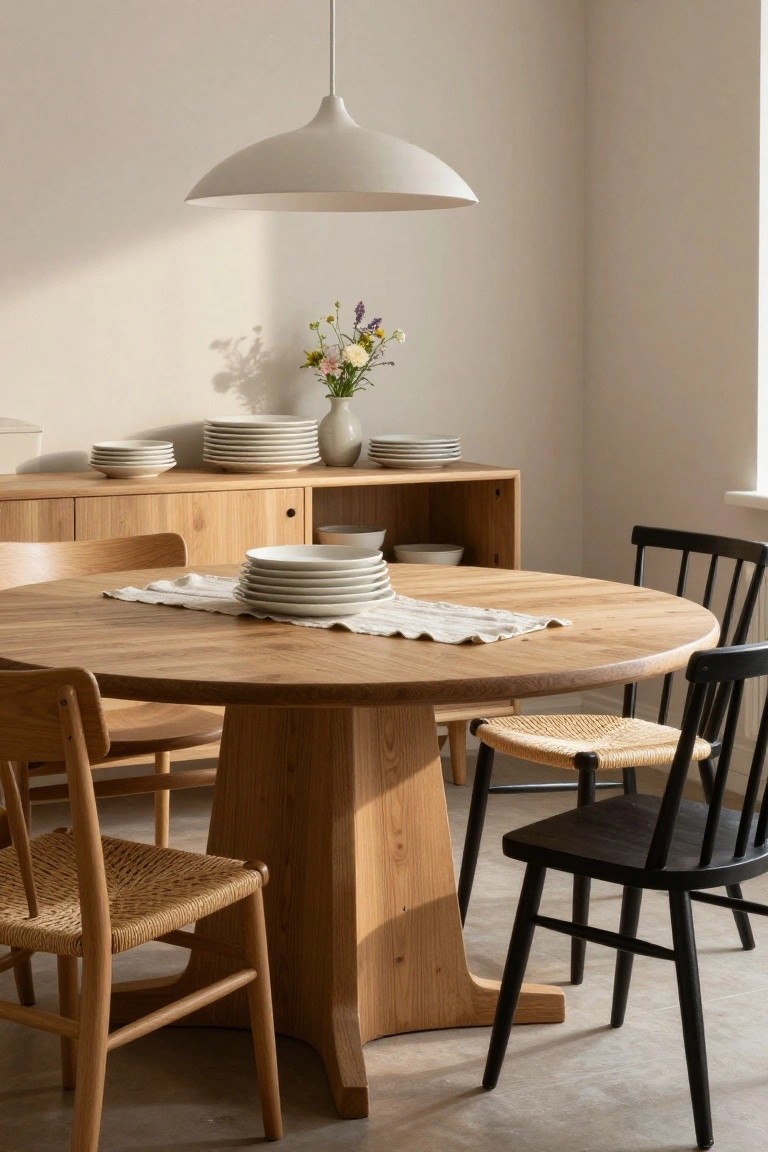 A bright dining room with a round oak pedestal table surrounded by wooden chairs with rush seats and black chairs, a wooden sideboard holding stacked white plates and a vase of wildflowers, under a white pendant lamp.