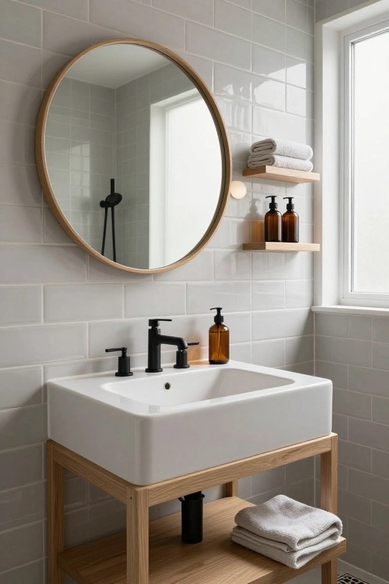Modern bathroom featuring a white rectangular sink on an oak wood stand with black faucets, large round wooden-framed mirror, light gray subway tile walls, wood shelves holding towels and amber bottles, and a black showerhead visible in the mirror reflection.