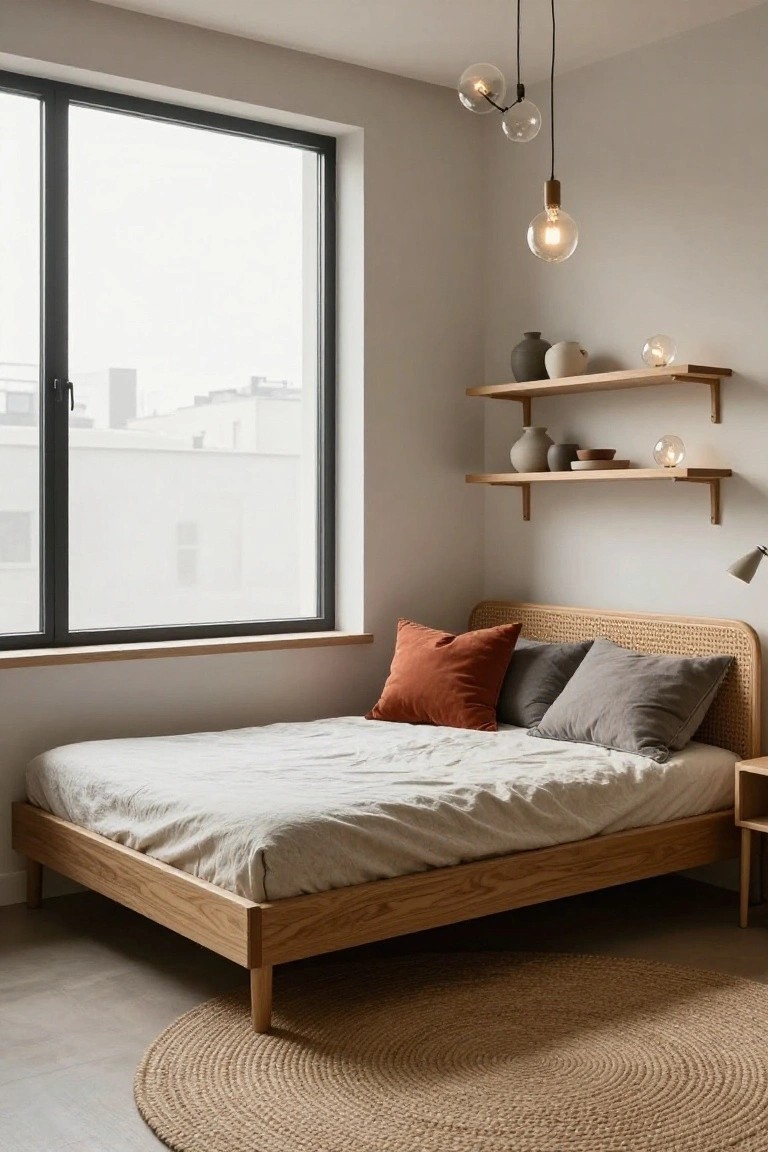 A bedroom with a low oak platform bed featuring a rattan headboard, neutral linen bedding with orange and gray pillows, wooden floating shelves holding ceramics, pendant lights, a table lamp, large window, and round seagrass rug on a concrete floor.