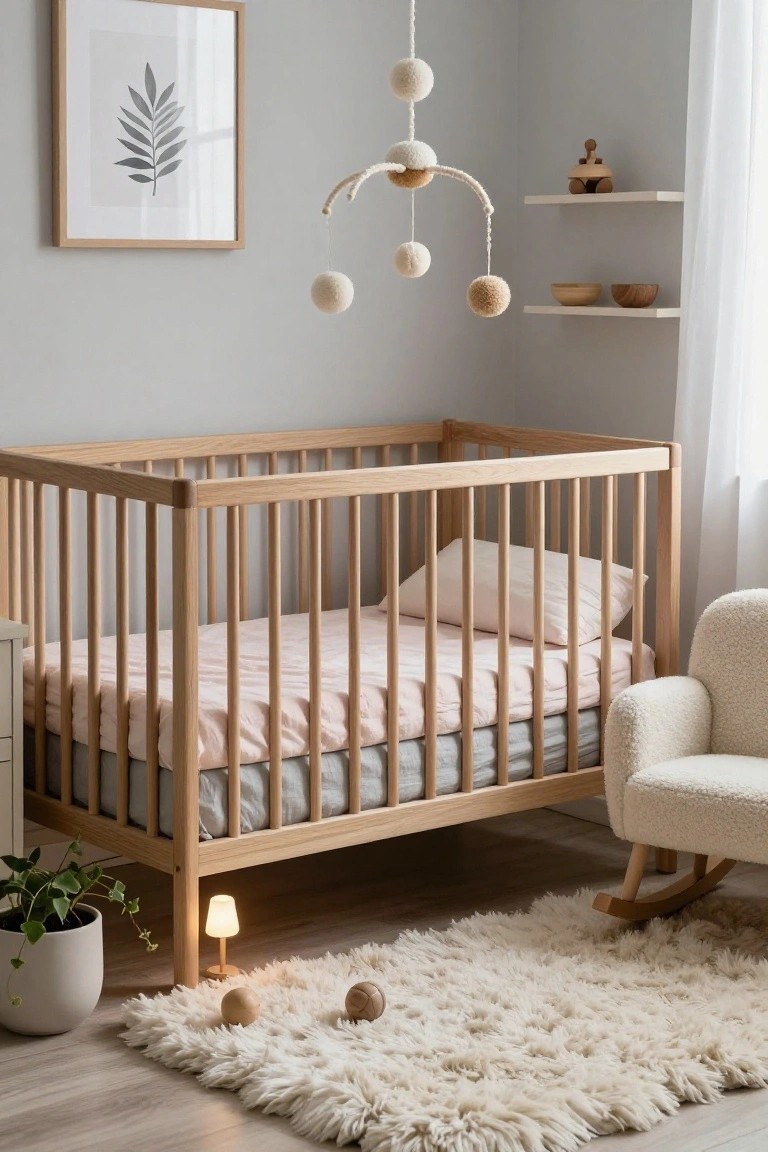 Light gray nursery with natural oak crib, pink and gray bedding, fluffy white rug, wooden rocking chair, hanging mobile with wool balls, wooden toys on shelves, and potted plant.