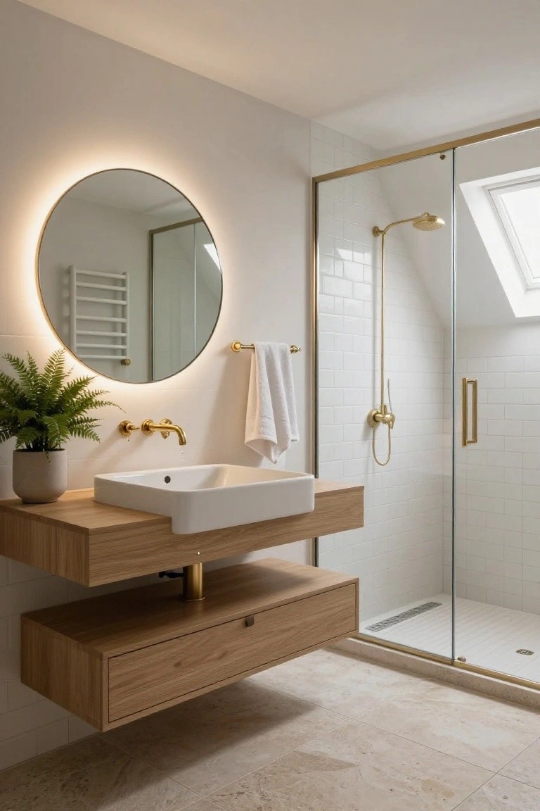 Modern bathroom with floating light oak wood vanity and drawer unit supporting white rectangular sink, round backlit gold mirror, gold faucets and towel bar, white subway tile walls, glass shower enclosure with gold frame and rain showerhead under skylight, potted fern plant, and beige tile floor.