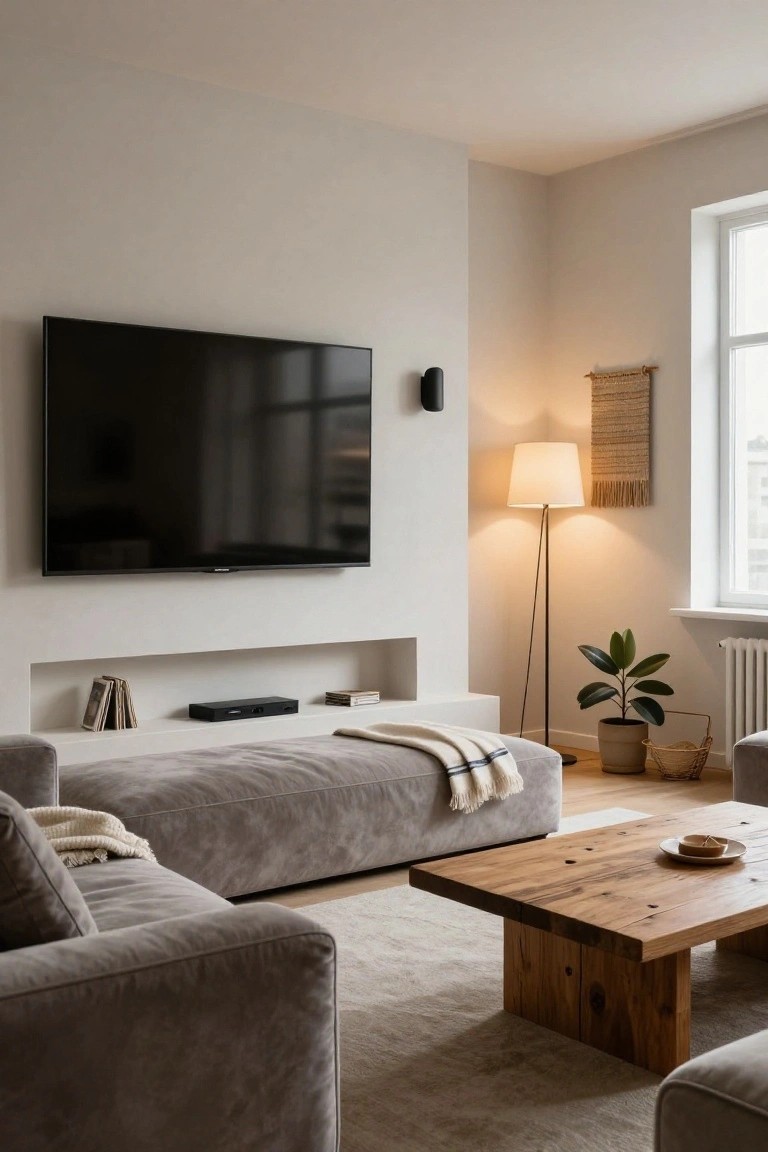 Modern living room corner with wall-mounted black TV over low white built-in shelf holding books and black AV box, gray velvet L-shaped sofa with white throws, chunky wooden coffee table with small plate, tall floor lamp, potted plant, and woven wall hanging near window.