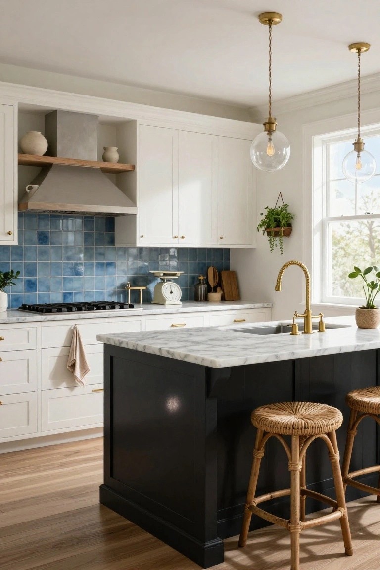 Kitchen with white shaker-style cabinets, irregular blue mosaic tile backsplash behind a gas range, black-based island topped in white marble, gold gooseneck faucet, and rattan bar stools on hardwood floors.