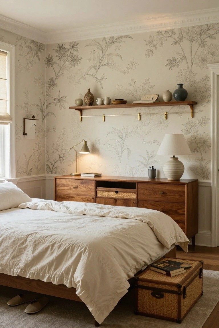 Bedroom interior with cream walls covered in gray botanical leaf and flower wallpaper, wooden mid-century dresser and bedframe, floating wood shelves holding ceramics and a lamp, plus a wicker trunk on the hardwood floor.
