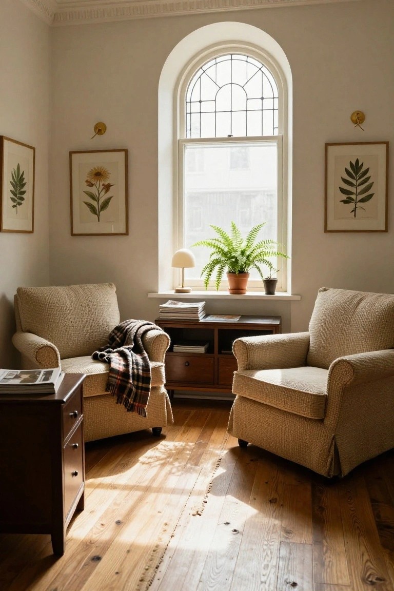 Light-filled room interior featuring two beige upholstered armchairs facing each other in front of a tall arched window with leaded glass, botanical prints on walls, a potted fern on the sill, side tables with books and magazines, and hardwood floors.