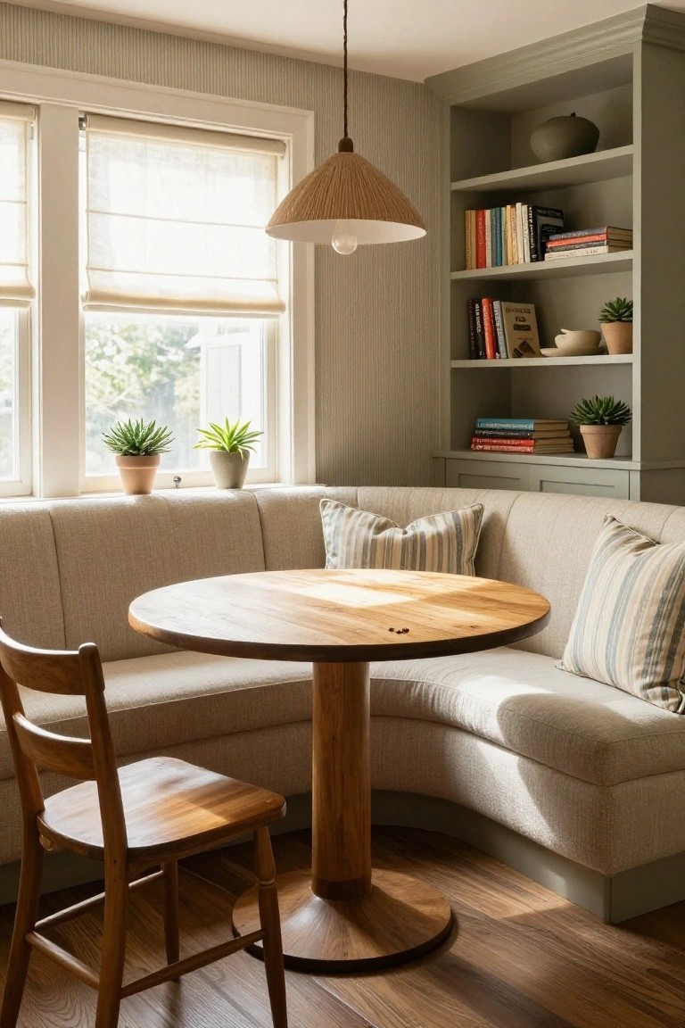 Sunlit interior breakfast nook with curved light beige banquette seating, round pedestal table made of light wood, wooden chair, green built-in bookshelves with books and pottery, potted plants on windowsills and shelves, sheer shades on large windows.