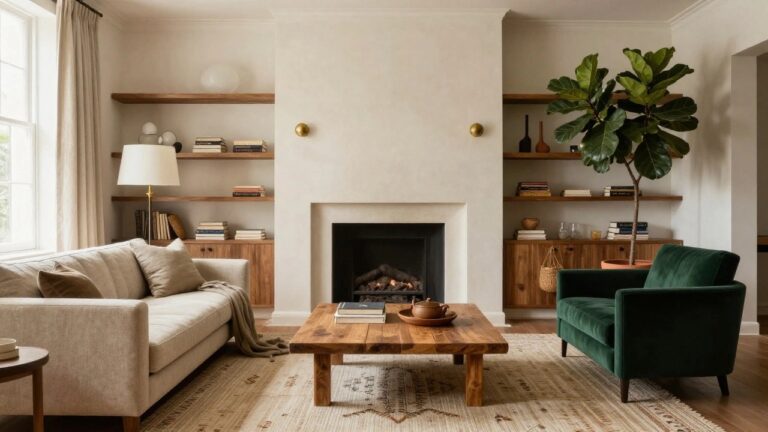 Living room with fireplace next to tall wooden built-in bookshelves filled with books, ceramics, baskets, and plants, a beige linen daybed with pillows and blanket, green velvet sofa, wooden coffee table on patterned rug, and large fiddle leaf fig plant by window with cream curtains.