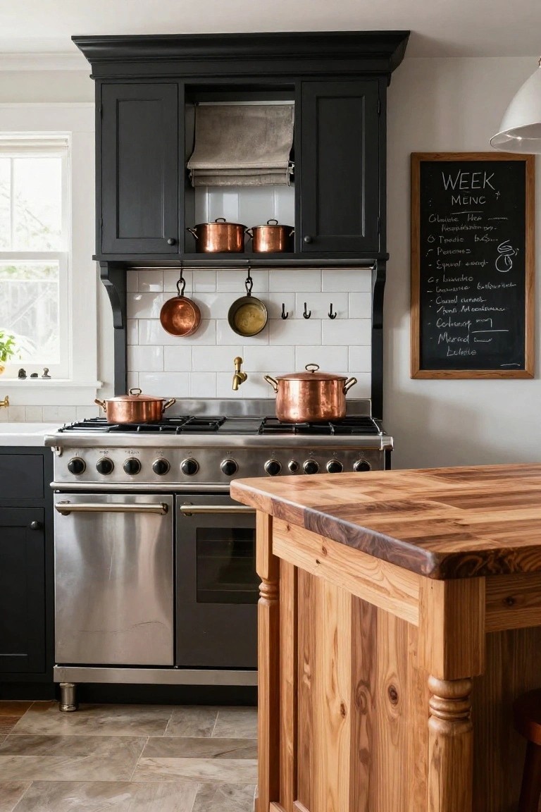 Kitchen interior with black cabinets, white subway tile backsplash, multiple copper pots and pans hanging on hooks and displayed on open shelves, stainless steel range cooker, wooden island, and chalkboard menu on the wall.
