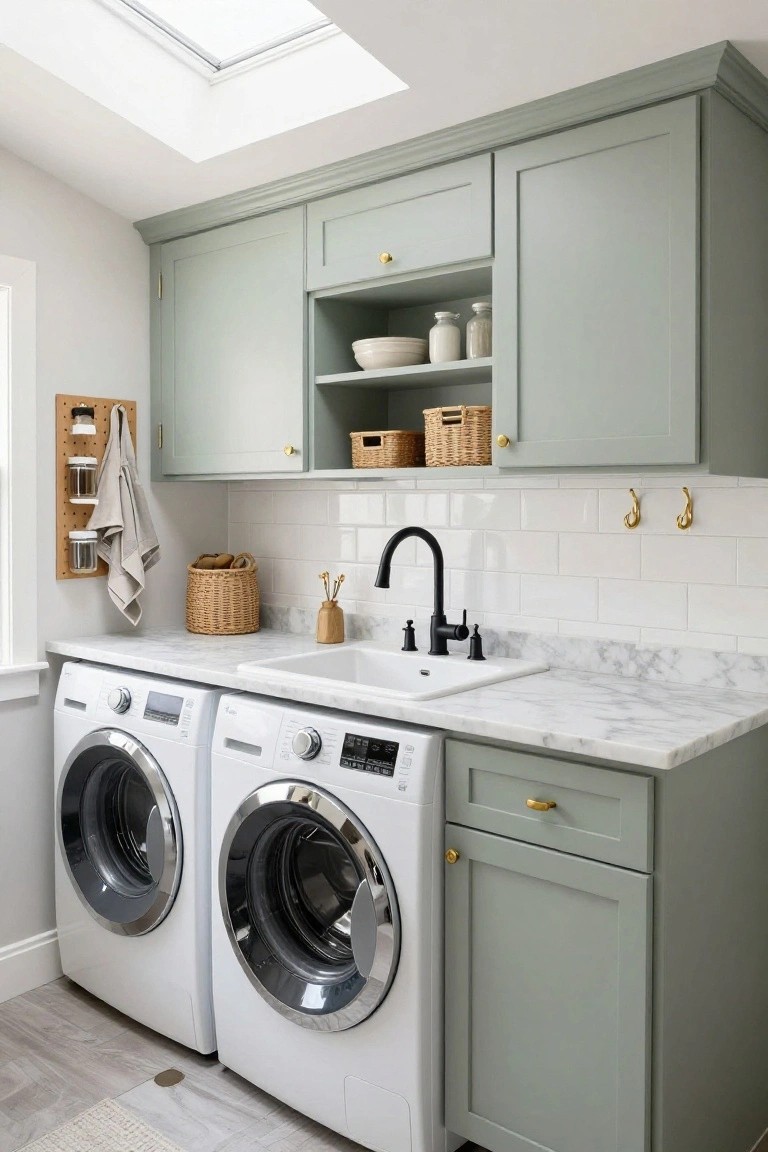 Side-by-side white front-loading washer and dryer next to a white apron-front sink on a white marble countertop with sage green lower and upper cabinets, white subway tile backsplash, black gooseneck faucet, pegboard wall with jars and towel, and gray plank flooring in a bright interior laundry room with skylight.