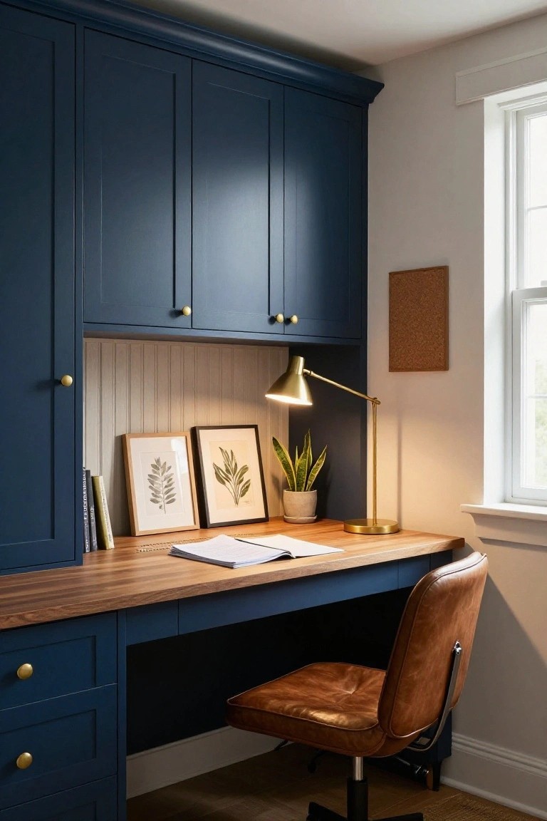 Home office nook featuring navy blue built-in upper and lower cabinets around a wooden desk with open books, papers, a gold desk lamp, snake plant, framed botanical prints, brass hardware, and tan leather desk chair.