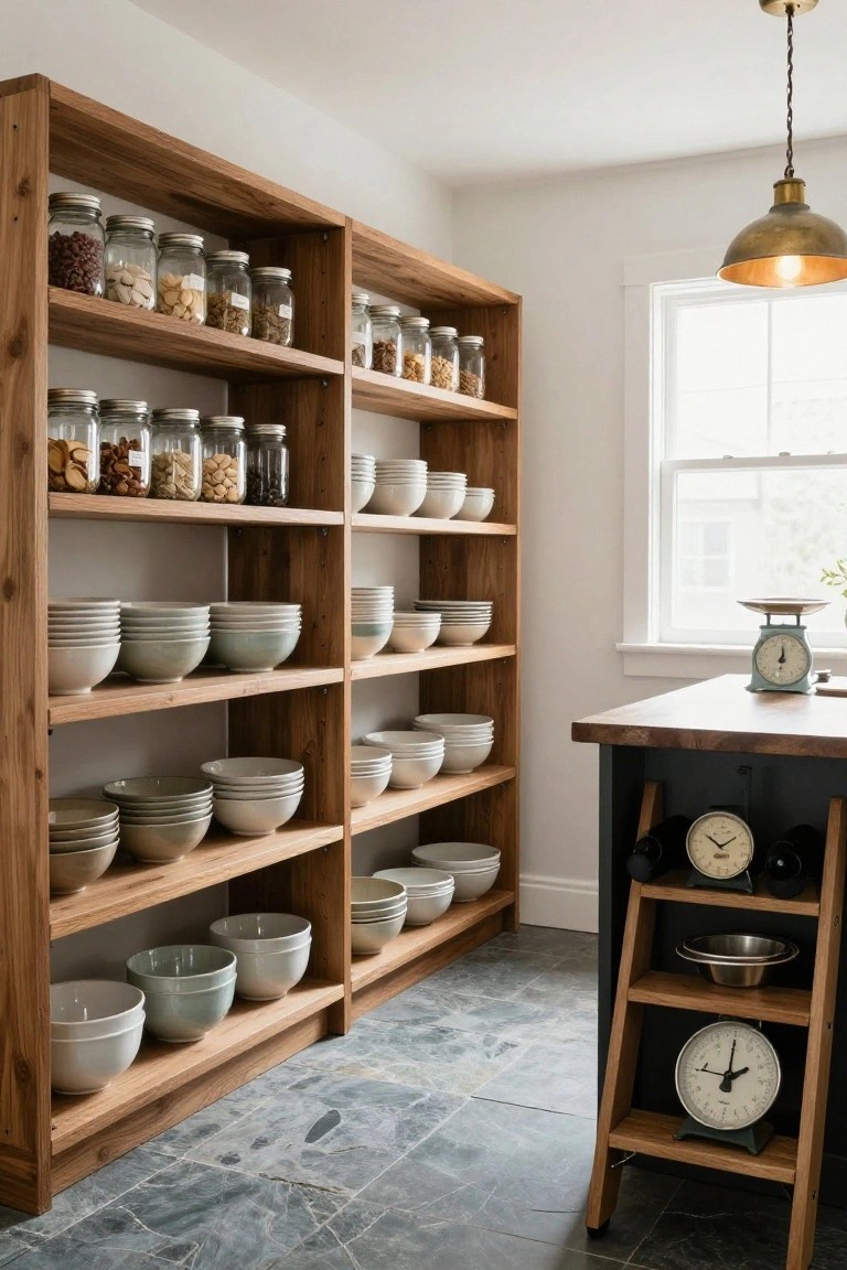 Tall wooden open shelving units in a kitchen filled with glass jars of nuts and beans on top shelves and stacked white and pale green ceramic bowls on lower shelves, positioned beside a dark wood island countertop with a scale and wooden step ladder.