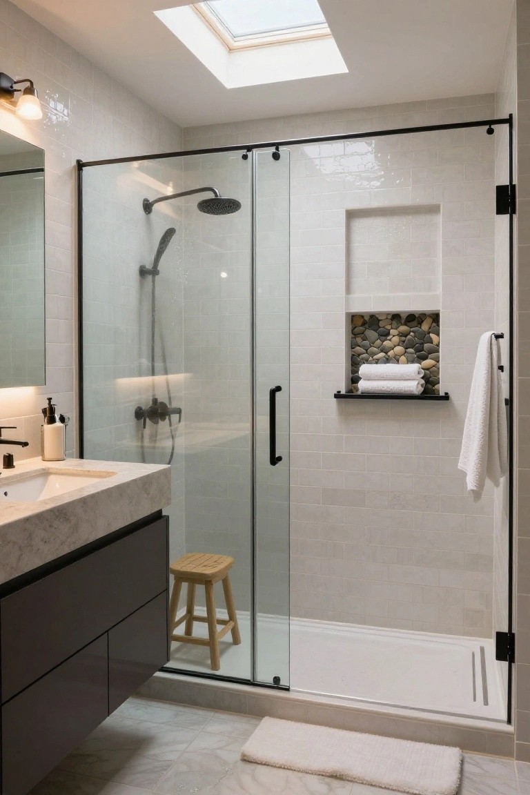 Modern bathroom with black-framed glass shower enclosure, white subway tile walls, pebble-filled niche shelf holding folded white towels, dark vanity with marble countertop, and wood stool.