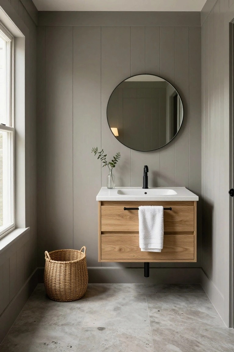 Small bathroom interior with light gray vertical shiplap walls, floating oak drawer vanity with white sink and black faucet, round black-framed mirror with wall light, eucalyptus sprig in glass vase on vanity, white towel on towel bar, wicker basket on light gray tiled floor, and window on left wall.
