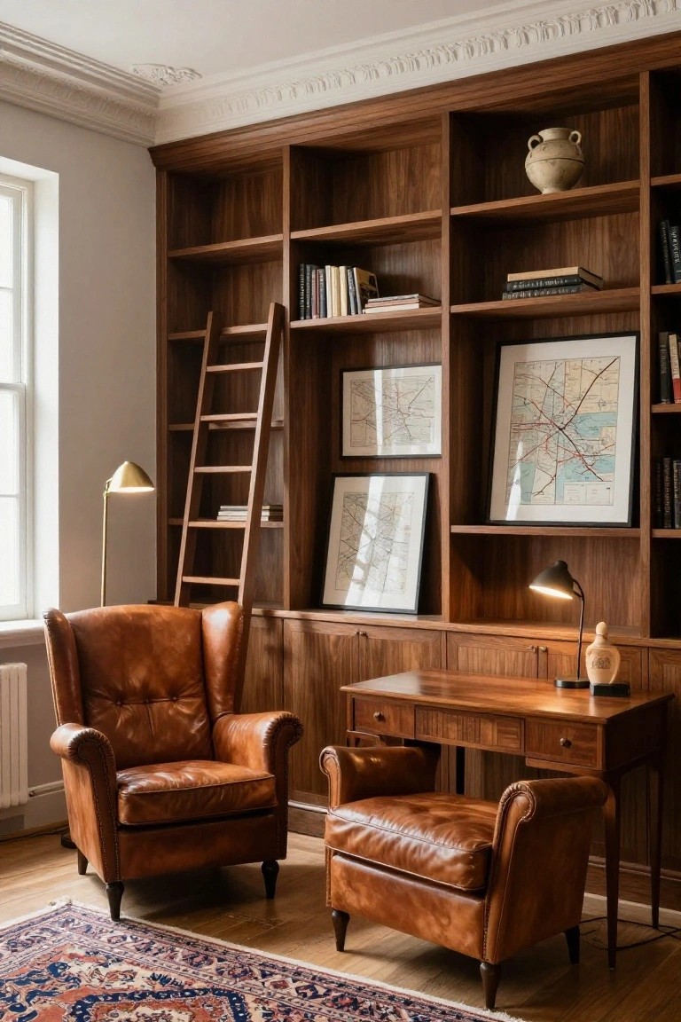 Interior of a study with tall walnut built-in bookshelves, a sliding wooden ladder, leather armchairs, a wooden desk, framed maps, and a patterned rug on hardwood floors.