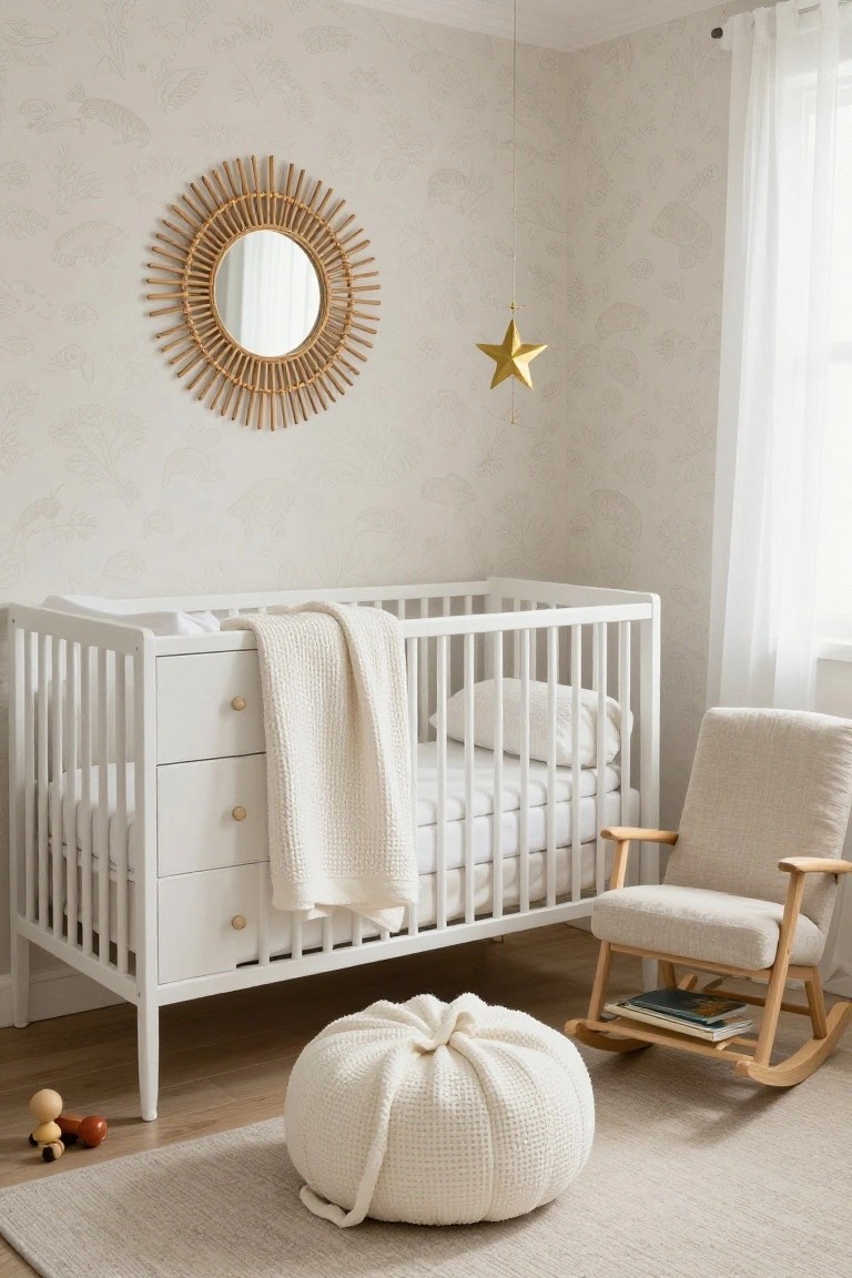 Nursery room with white wooden crib holding a knit blanket and pillow, beige rocking chair with books, large white knit pouf, rattan sunburst mirror, golden star hanging, wooden toys on light wood floor, subtle beige botanical wallpaper, and sheer curtains.