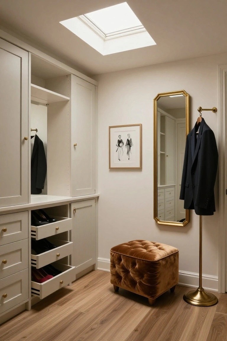 Walk-in closet with floor-to-ceiling creamy cabinetry, open hanging suits, drawers filled with shoes, gold mirror on wall, brass hooks, tufted orange velvet stool, and skylight above hardwood floor.