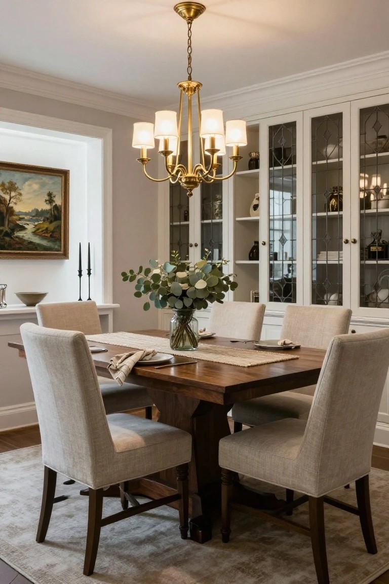 A dining room with a rectangular brown wood trestle table, four beige upholstered armchairs, brass six-light chandelier, glass-fronted white cabinets, and a neutral rug on hardwood floors.