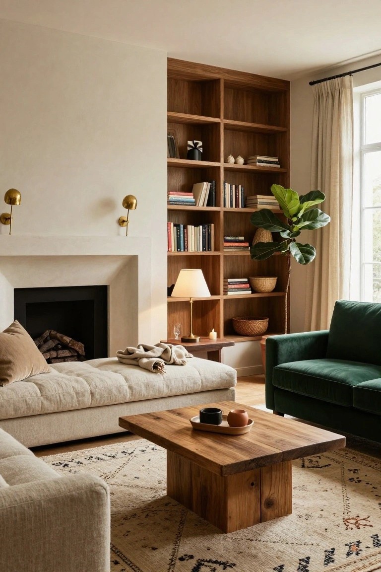 Living room with fireplace next to tall wooden built-in bookshelves filled with books, ceramics, baskets, and plants, a beige linen daybed with pillows and blanket, green velvet sofa, wooden coffee table on patterned rug, and large fiddle leaf fig plant by window with cream curtains.