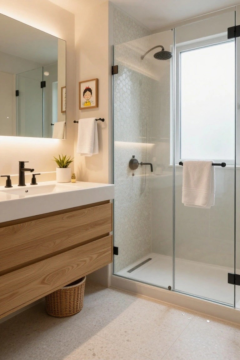 Modern bathroom with light oak double vanity under a large mirror, matte black faucets and shower hardware, glass shower enclosure with white hexagonal tiles, hanging white towels, and a potted plant on the counter.