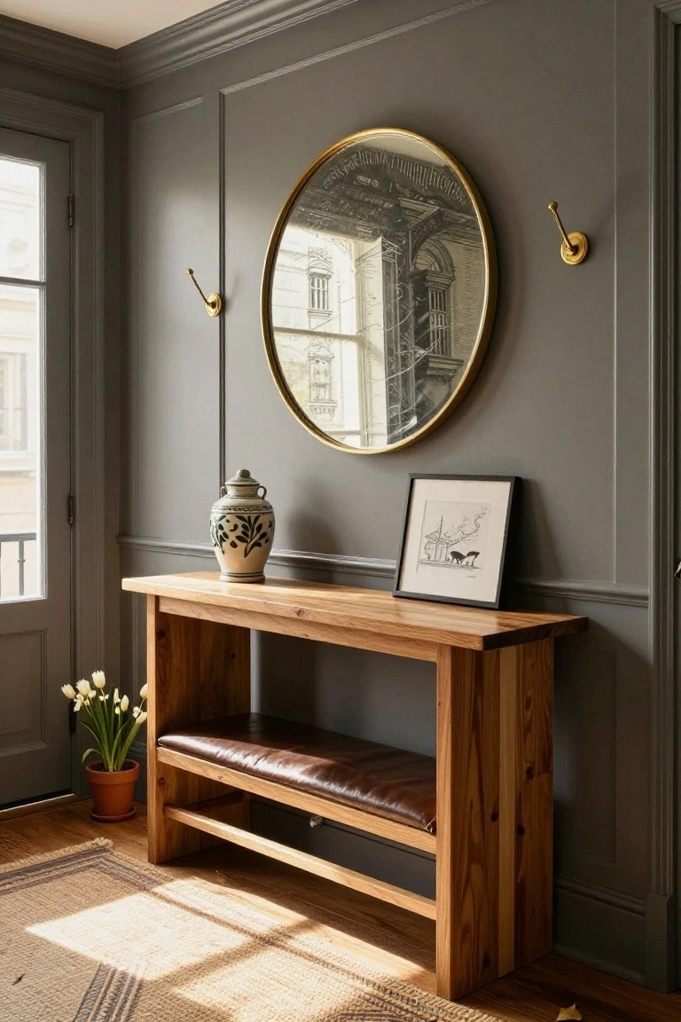 Gray paneled entryway featuring a wooden console table with leather bench seat, large round mirror with architectural etching, ceramic vase, framed line drawing, potted tulips by glass door, and seagrass rug on wood floor.