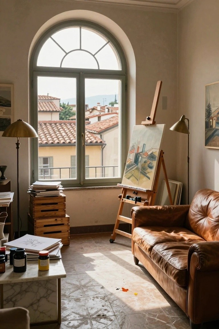 Light-filled interior room with tall arched green-framed window overlooking Tuscan rooftops and hills, wooden easel holding a landscape painting, tan leather sofa, brass lamps, art supplies on marble table, and stacked wooden crates.