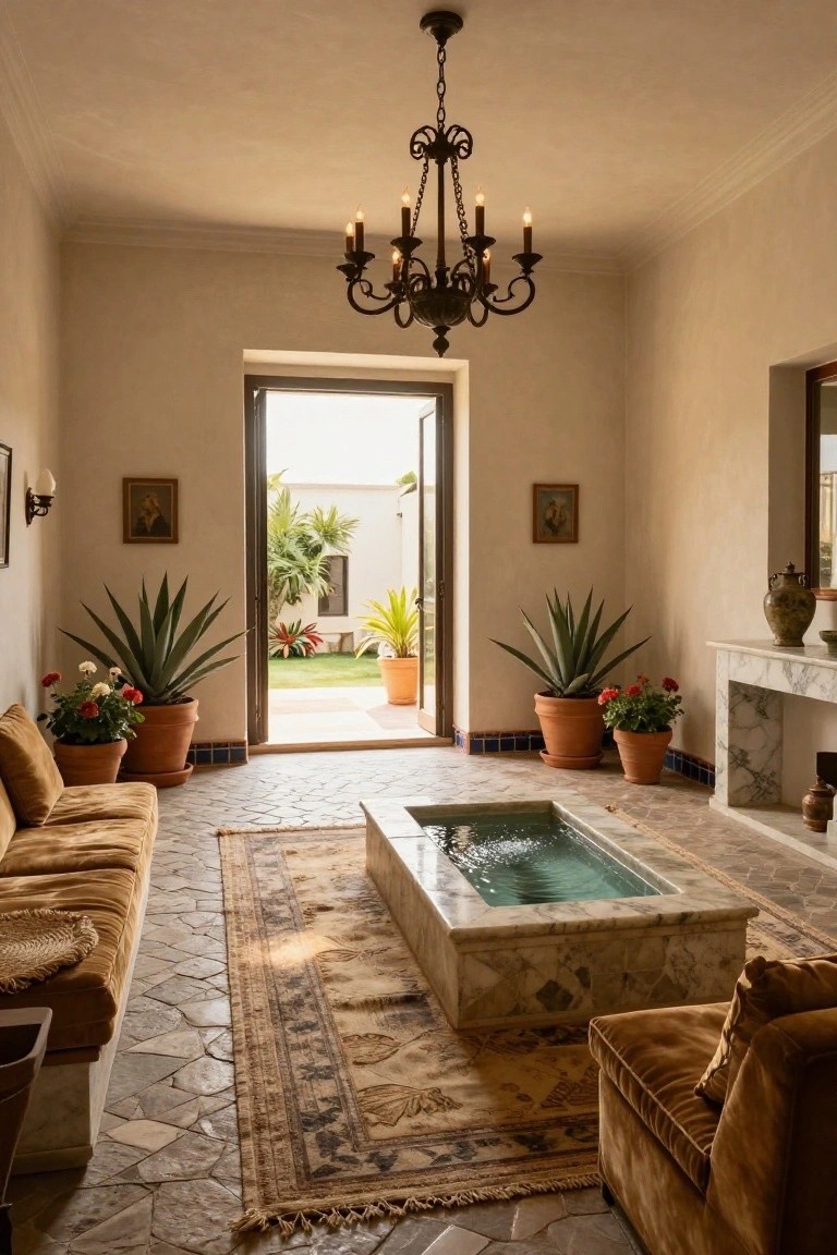 A beige-walled living room with terracotta tile floor, brown velvet sofas on either side of a central rectangular stone-lined shallow pool filled with water, potted agave plants, and open French doors revealing a garden courtyard.
