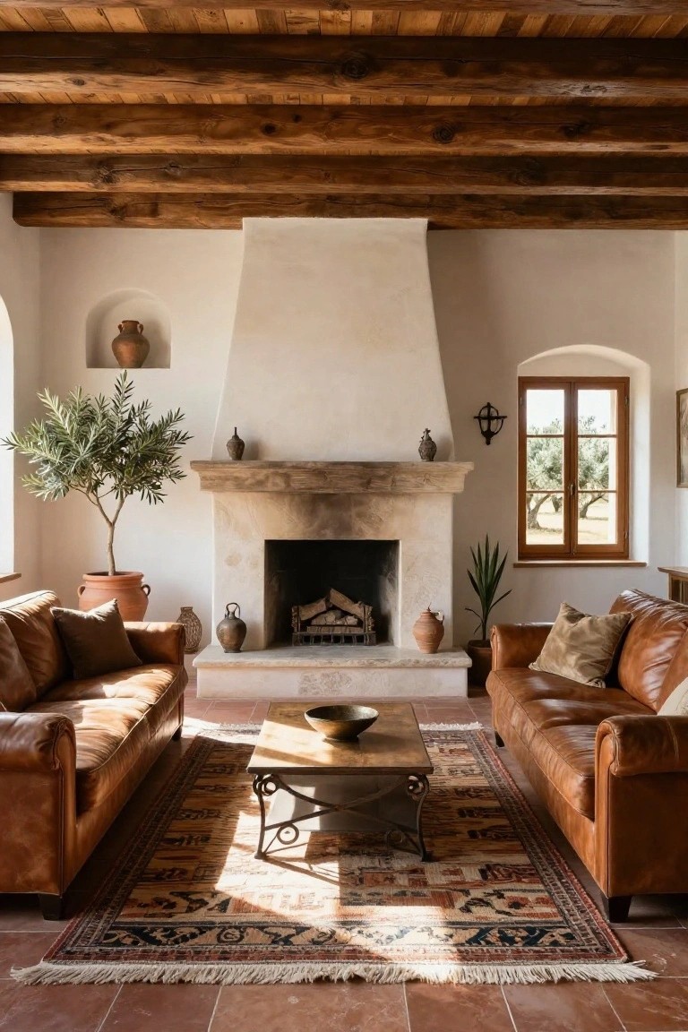 Rustic living room with leather sofas, terracotta fireplace, and patterned rug.
