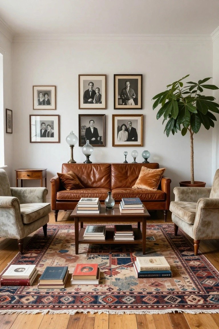 White-walled living room with brown leather loveseat flanked by two cream armchairs around a wooden coffee table stacked with books on a large colorful Persian rug, a gallery wall of assorted black-and-white framed family portraits above the sofa, glass lamps on side tables, and a tall potted ficus plant in the corner.