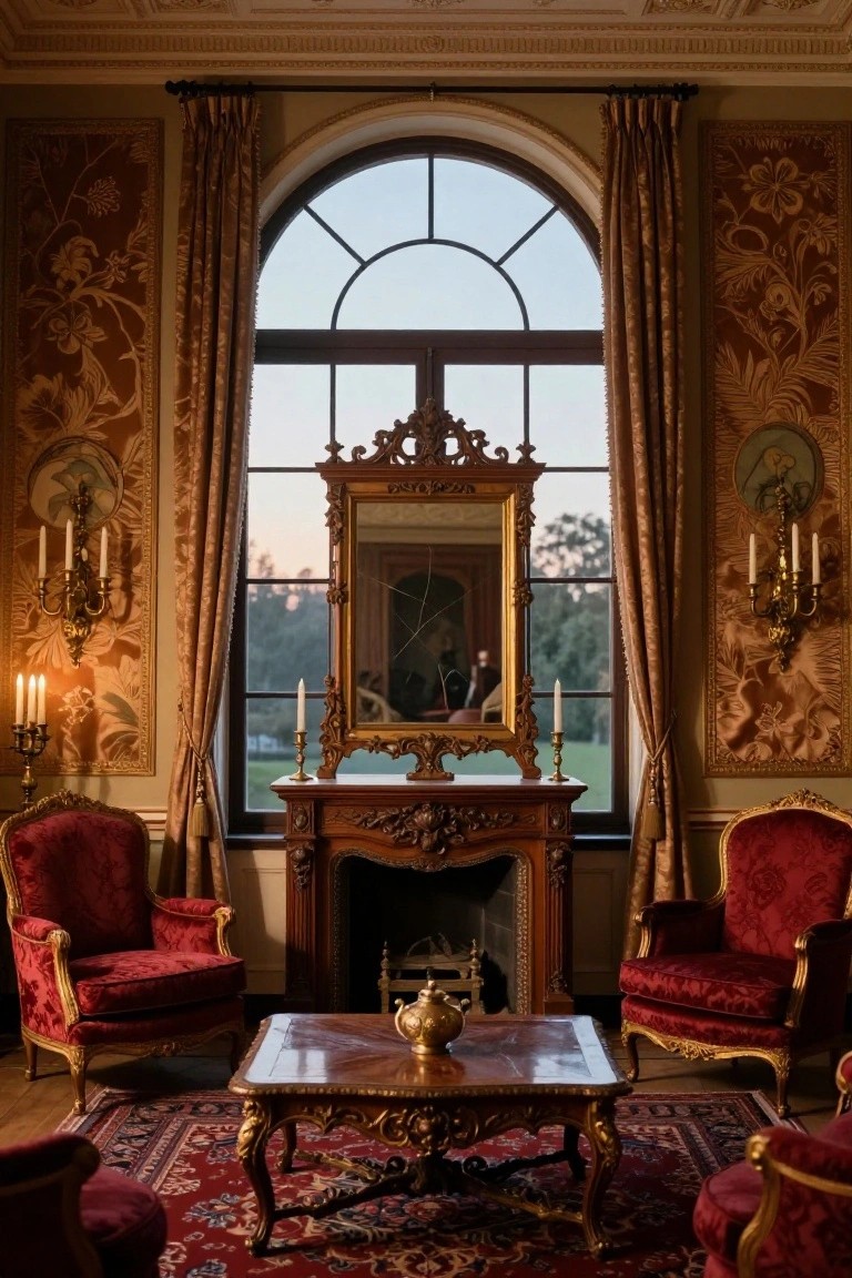 A formal living room interior featuring two red velvet armchairs flanking a low carved wood table, with an ornate fireplace and gilded mirror on the wall, large arched window, and wall sconces.