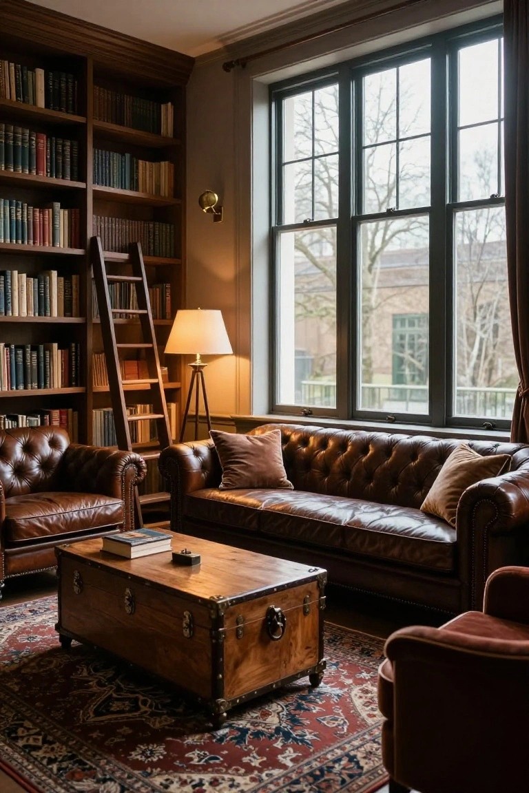 Cozy library with brown leather sofa, wooden trunk, bookshelves, and large window.