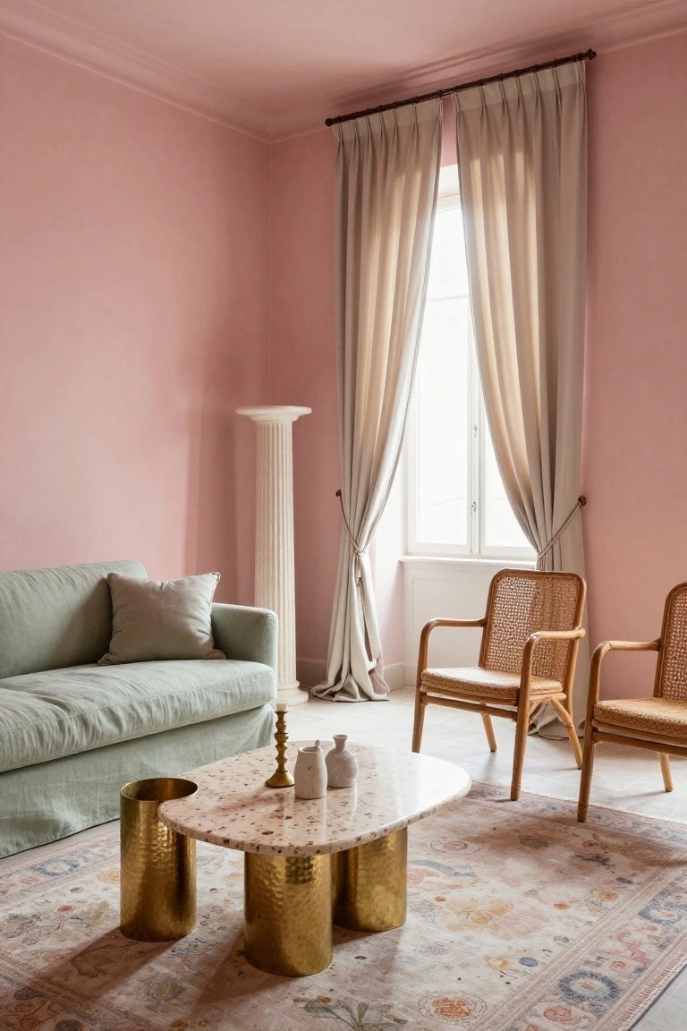 Living room with blush pink walls, tall white fluted column beside sage green linen sofa, two rattan armchairs, oval terrazzo coffee table on hammered gold bases, beige linen curtains on tall window, and patterned rug.