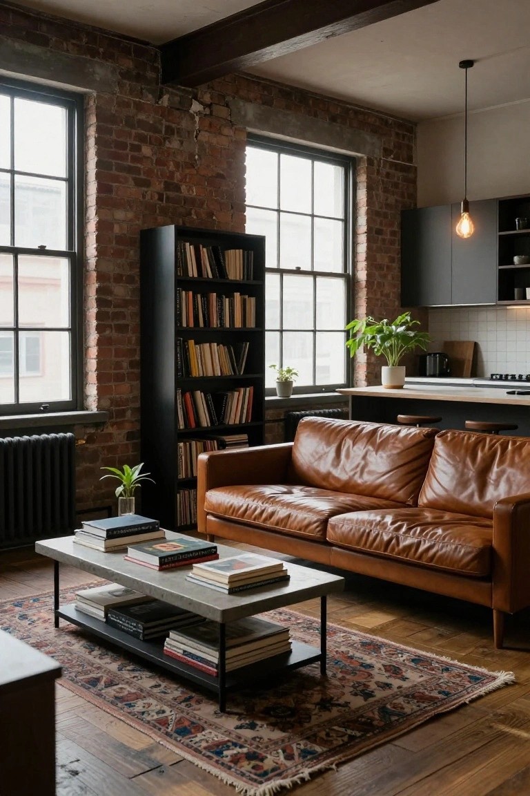 Exposed brick walls in a living room with a tan leather sofa, black floor-to-ceiling bookshelves filled with books, a low metal coffee table stacked with books, potted plants, a patterned rug, and an adjacent kitchen counter.