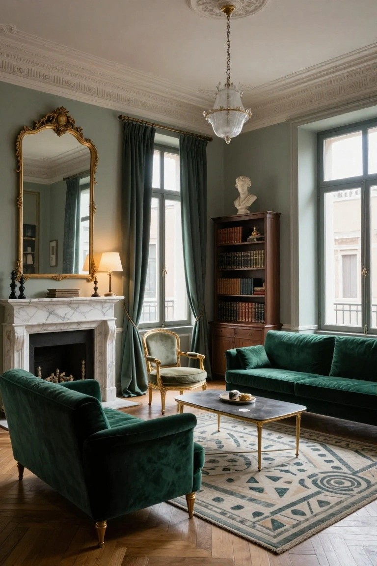 A living room interior with sage green walls, emerald green velvet sofa and armchairs, marble fireplace, ornate gold mirror, wooden bookshelves, green drapes on tall windows, and parquet wood floor.