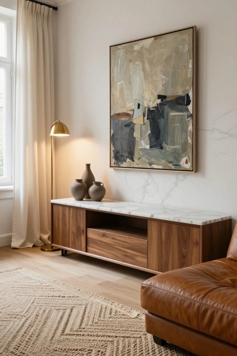 A living room corner with a low walnut media console topped by white marble, three brown ceramic vases on top, gold floor lamp beside it, large framed abstract painting on white wall with marble veins, beige curtains at window, tan leather sofa, and light wood floor with beige rug.
