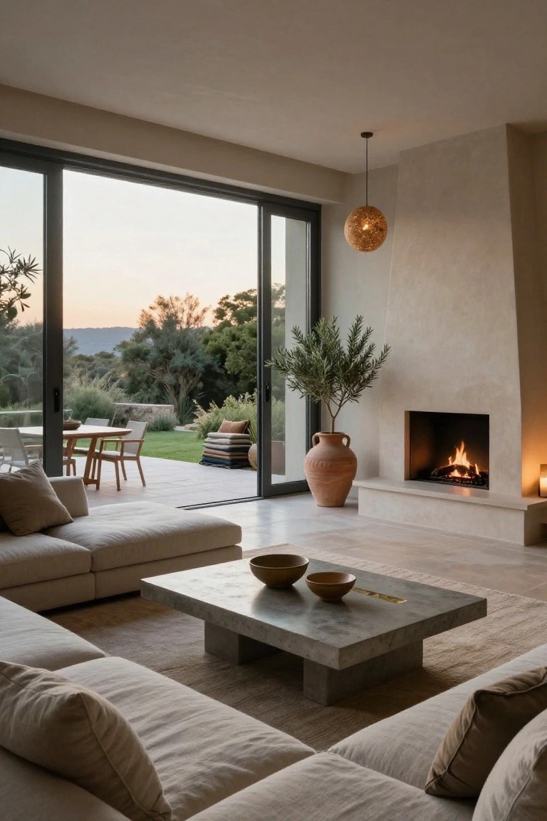 Modern living room with fireplace, sofa, marble coffee table, and open patio doors.