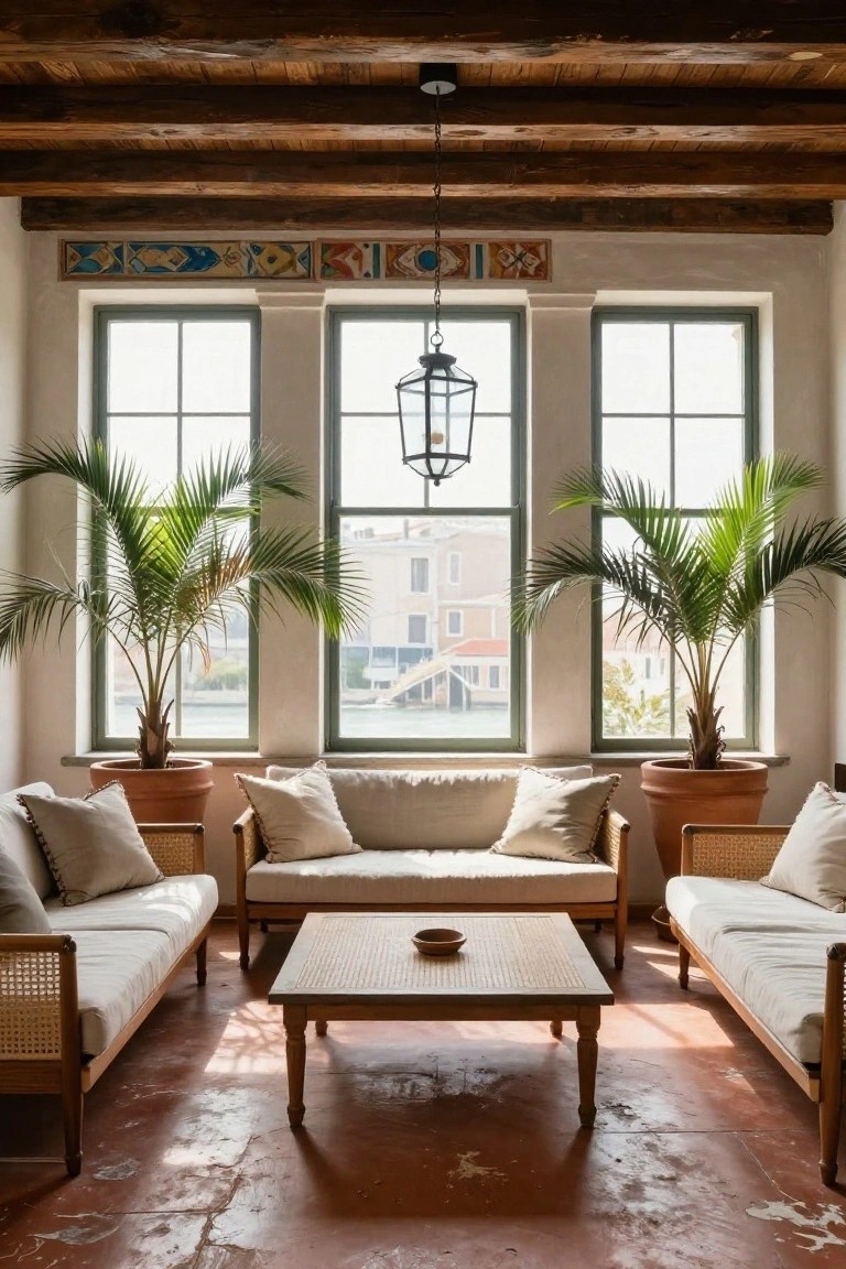 Light-filled room with two low beige rattan sofas facing each other around a woven wooden coffee table, large potted palm trees flanking three tall green-framed windows overlooking a canal and buildings, exposed wooden ceiling beams, tiled frieze, hanging lantern light, and red terracotta floor.