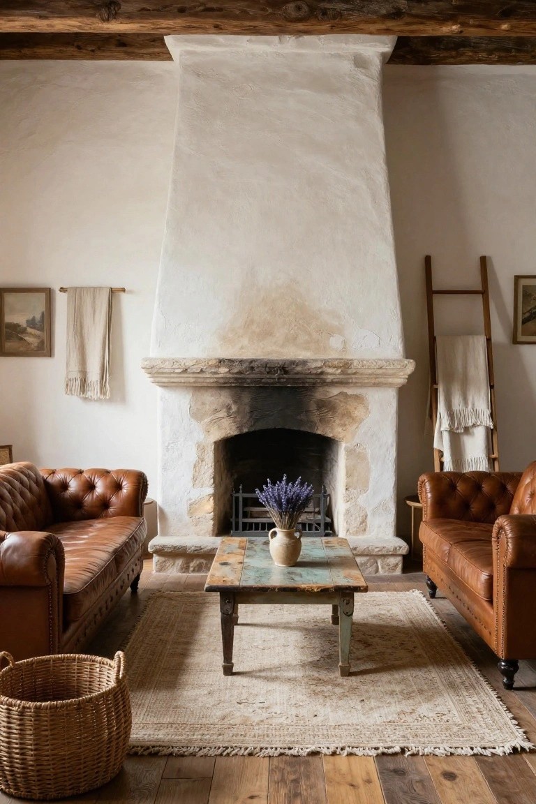 A cozy living room with a tall rustic stone fireplace against white walls, two brown leather tufted sofas facing it, a wooden coffee table holding a vase of lavender, a neutral rug, wooden beams overhead, and a wicker basket nearby.