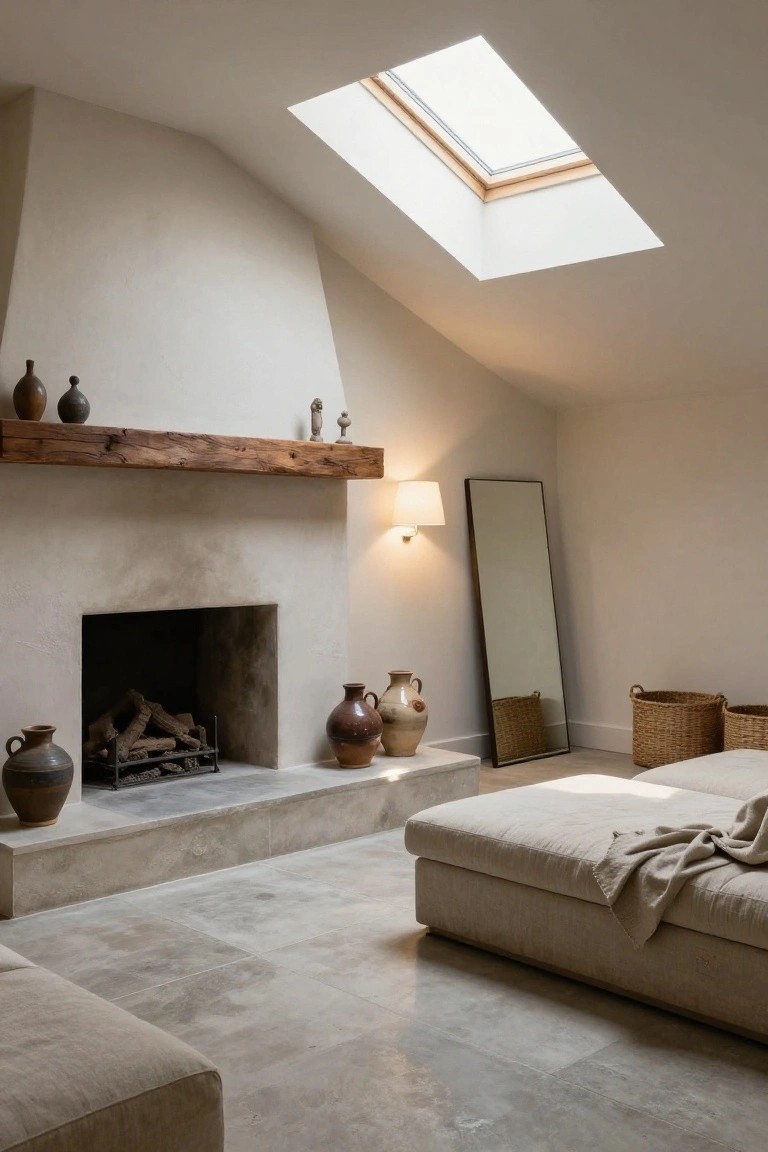 Living room interior with sloped white ceiling and skylight, rustic wooden beam mantel over plaster fireplace with logs and ceramic pots, low beige sofa, tall black mirror, wicker baskets, and light gray stone floor.
