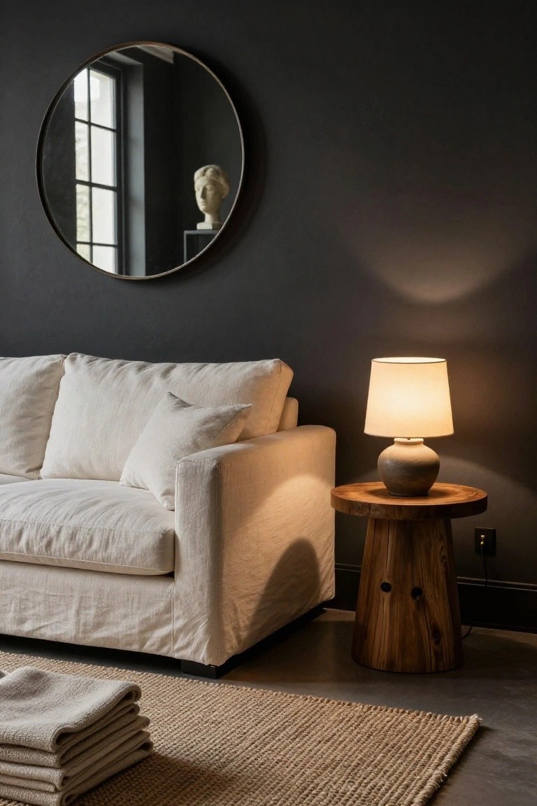 A corner of a living room featuring a white linen sofa against dark walls, a ceramic table lamp on a wooden stool, a large round brass mirror reflecting a bust, and stacked linens on a seagrass rug.