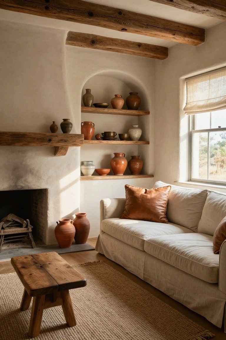 White adobe living room with exposed wooden beams, wooden shelves displaying assorted terracotta pottery around a fireplace, cream slipcovered sofa with leather pillows, wooden stool, and seagrass rug.