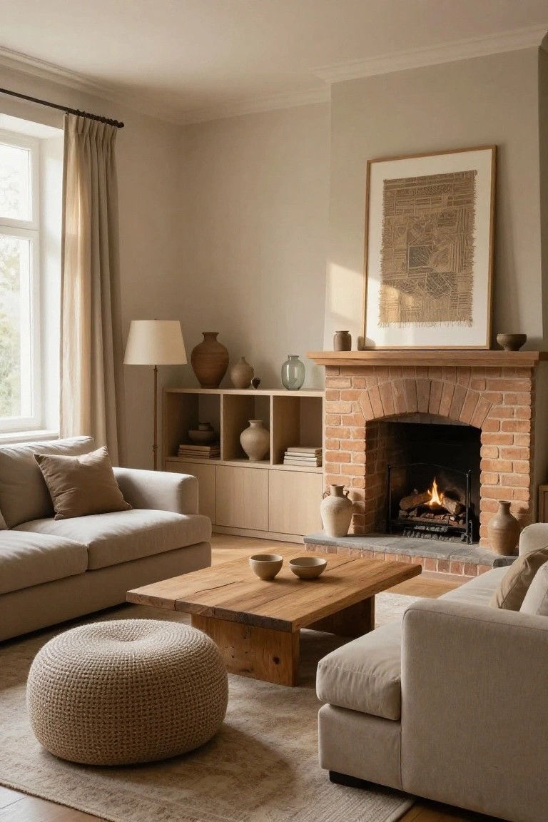 Light-filled living room corner with beige sofas, wooden coffee table, knit pouf, brick arch fireplace flanked by wooden shelves with pottery, and tall lamp near window with sheer curtains.