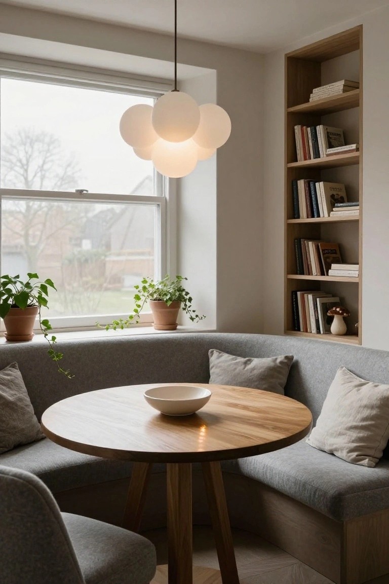 Gray built-in banquette seating with beige pillows curves around a round wooden table in a bright corner room by a large window with plants on the sill and wooden bookshelves nearby, lit by white clustered pendant lights.