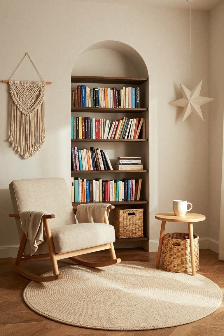 Arched wooden bookshelf filled with colorful books in a beige room, with a cream rocking chair, round seagrass rug, wicker baskets, macrame wall hanging, and wooden side table holding a white mug.