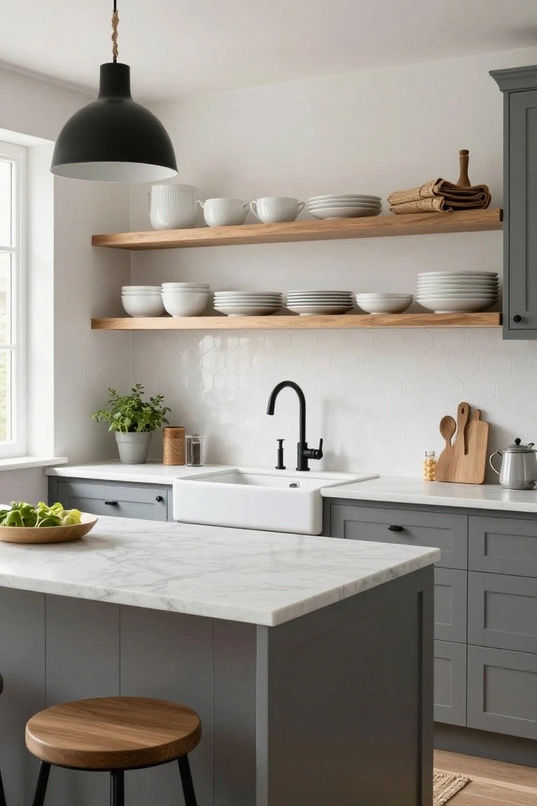 Modern kitchen with marble island, gray cabinets, open shelves, and black pendant light.